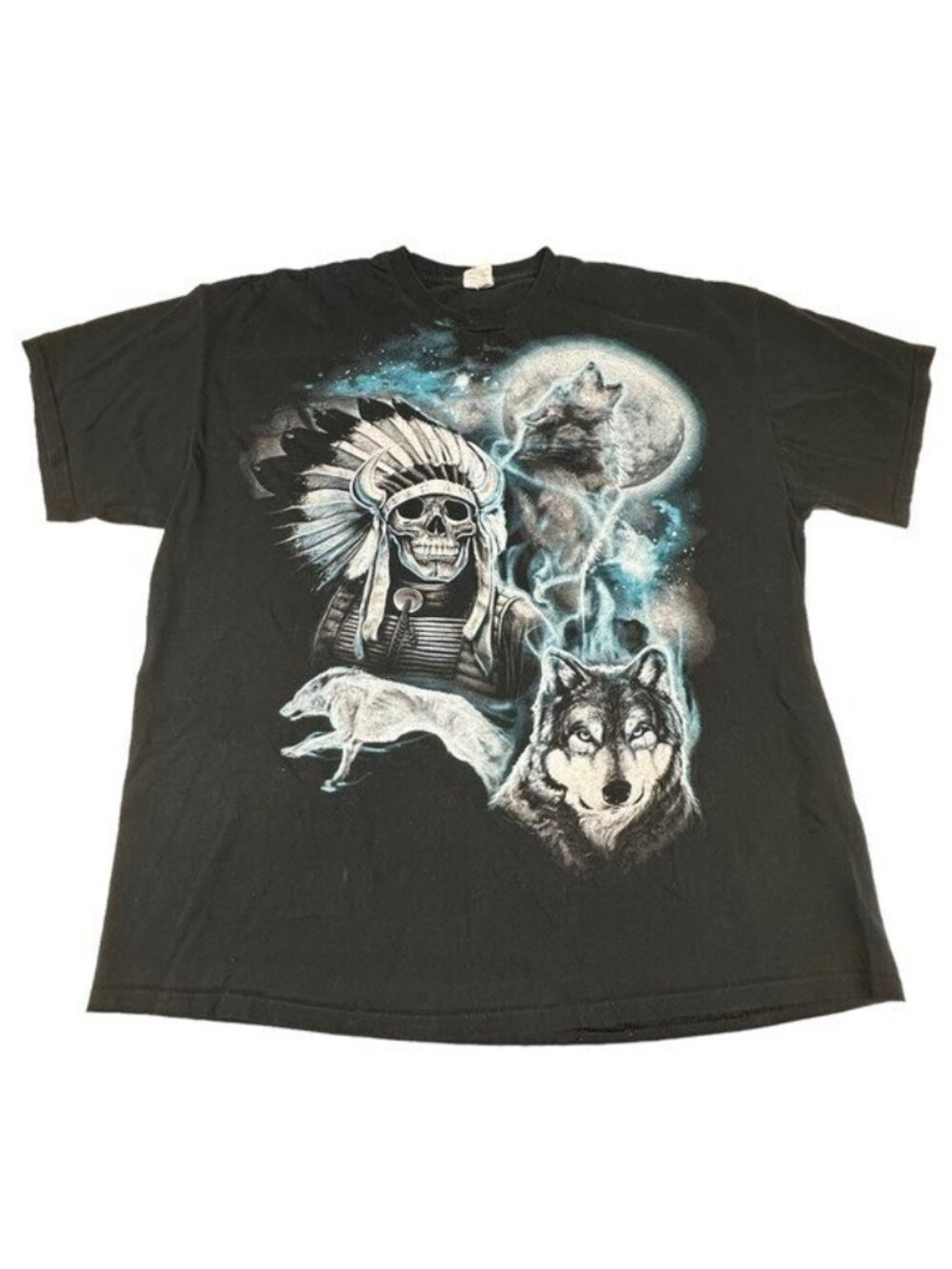 Wolf Howling Moon Indian Skull Native American 2XL Graphic Tee T-Shirt Retro Y2K
